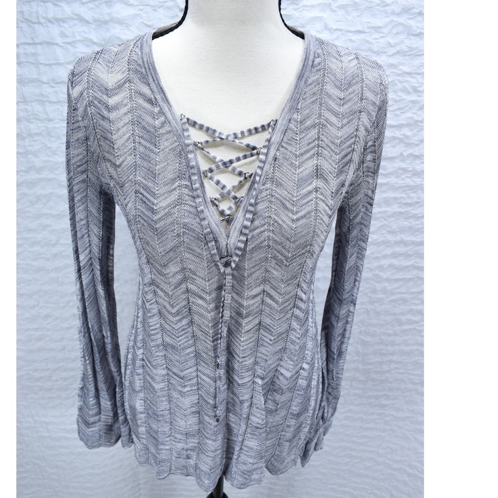 White House Black Market Grey Chevron Metallic Lace Up Long Sleeve Top Small
